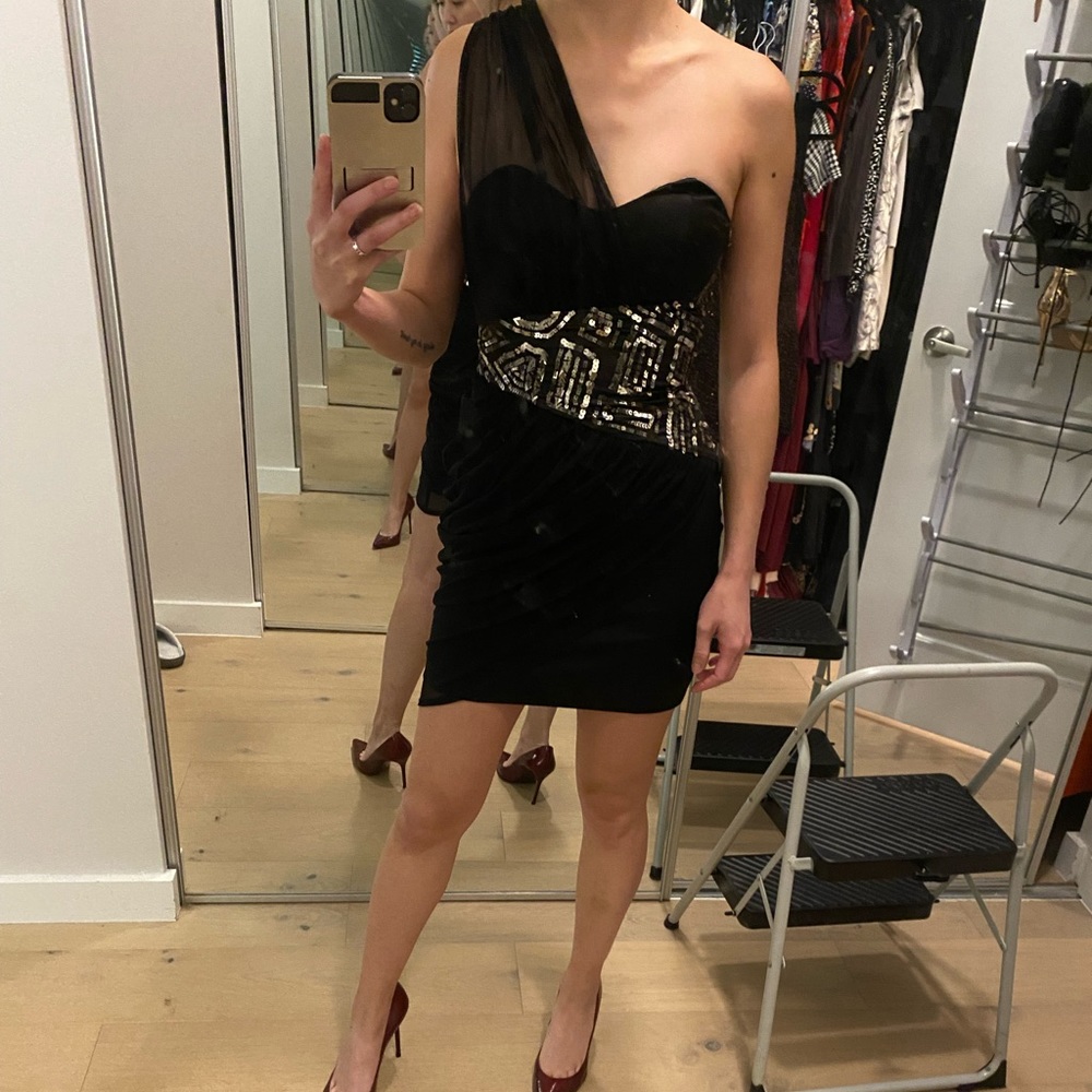Bebe black one shoulder dress with silver sequin accent